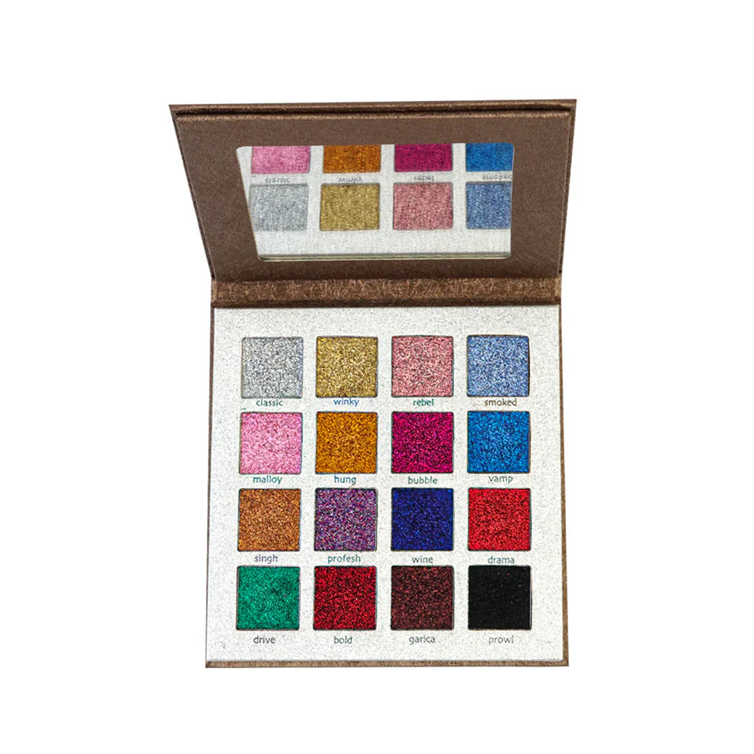 Makeup palette with glittery shades on a white background
