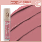 Lip gloss with 'Nude Lip Proud' text on a pink background