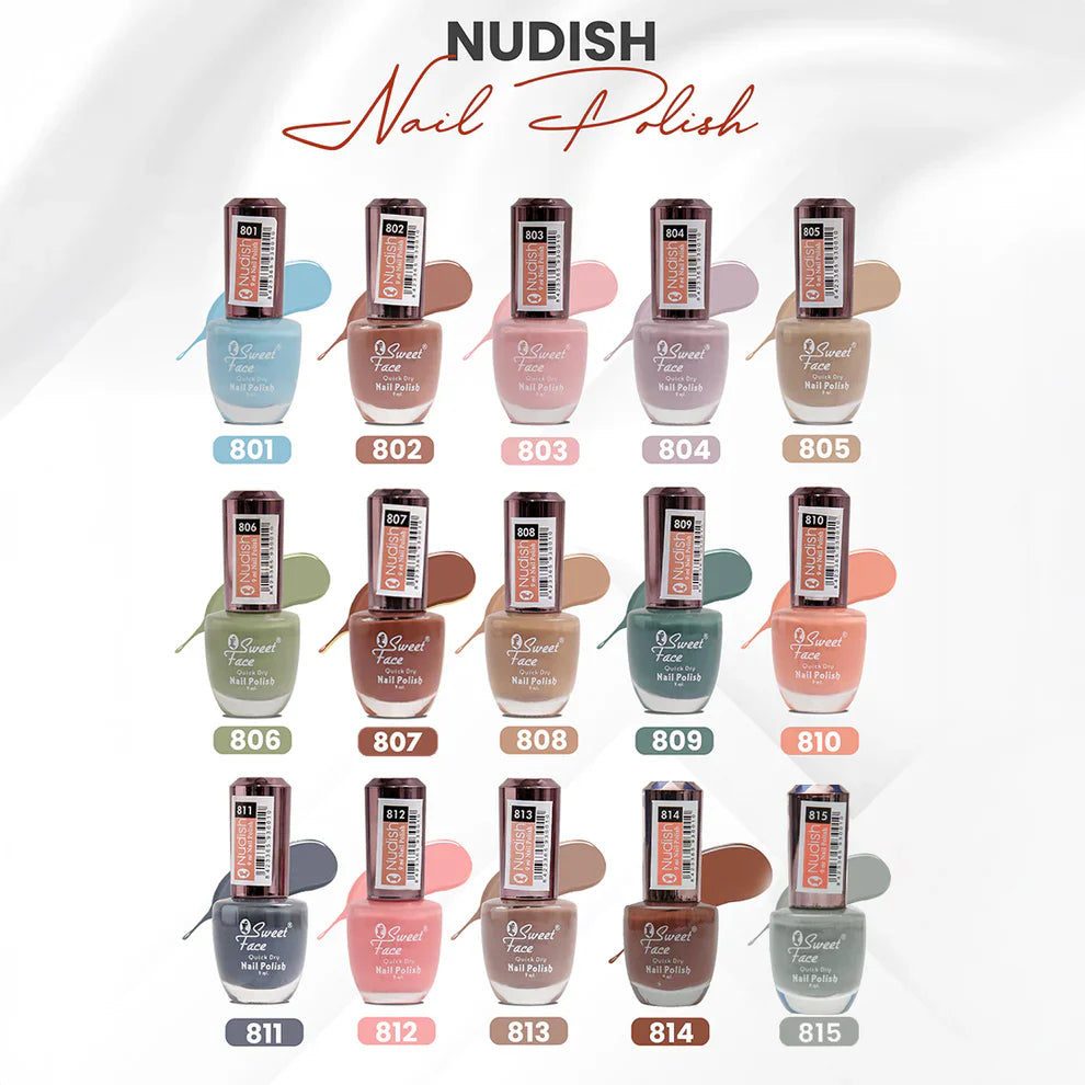Collection of Nudish nail polish bottles with labels on a white background