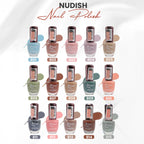 Collection of Nudish nail polish bottles with labels on a white background