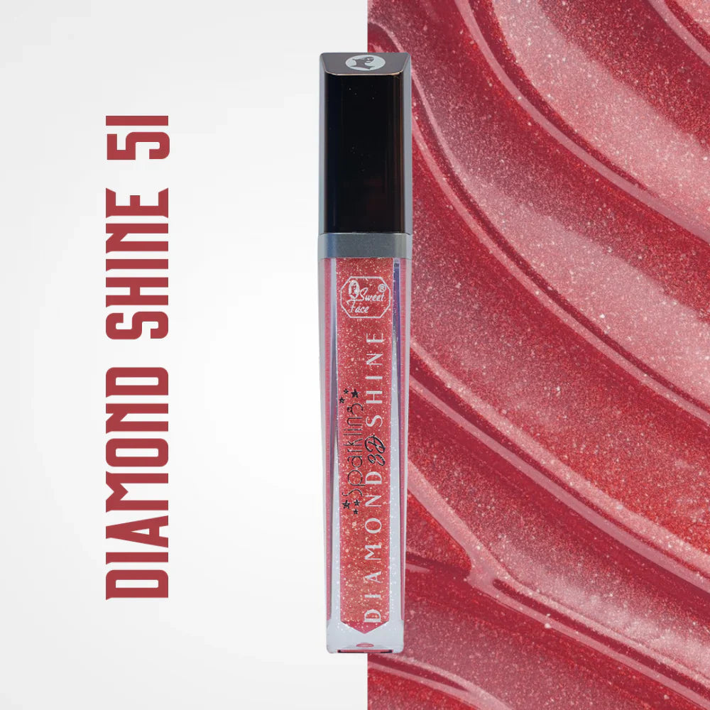 Lip gloss with 'Diamond Shine' text on a red and white background