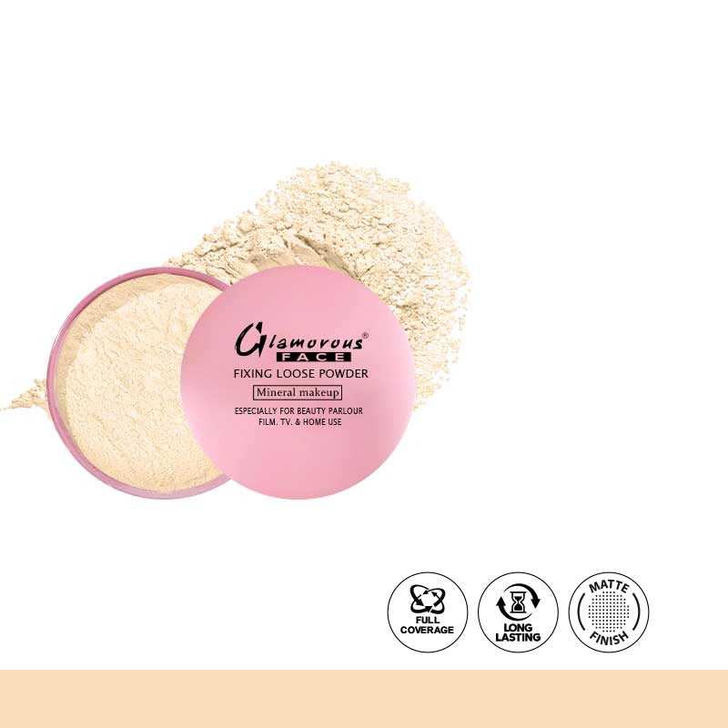 Glamorous Beach fixing loose powder with pink container on a white background