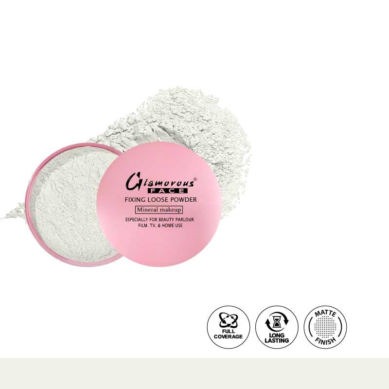 Pink powder compact with white powder and 'Glamorous Beach' branding on a white background