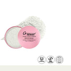 Pink powder compact with white powder and 'Glamorous Beach' branding on a white background