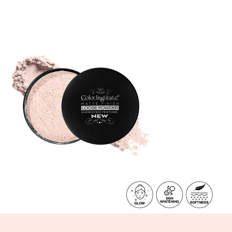 Loose powder container with black lid and pink powder on a white background