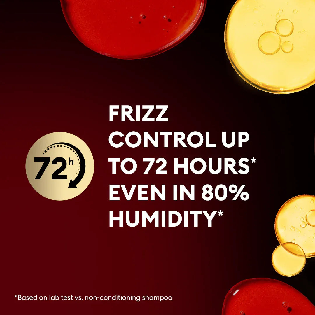 Shampoo bottles with text about frizz control and humidity resistance on a dark background.