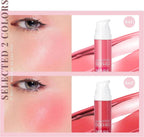 Cosmetic blusher with color swatches on a pink background