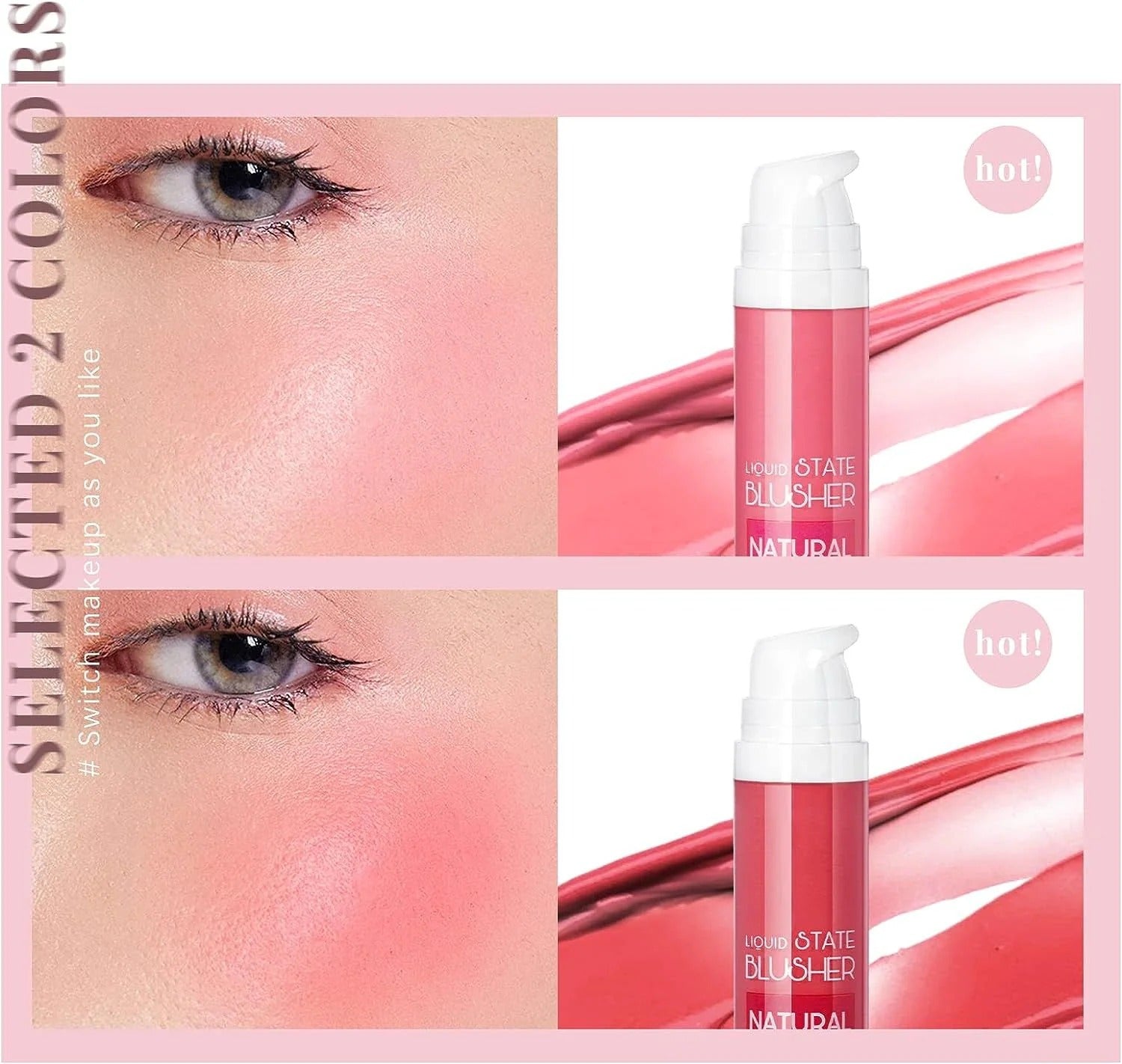 Cosmetic blusher with color swatches on a pink background