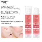 TUZ liquid state blusher liquid with product packaging and application examples on a white background