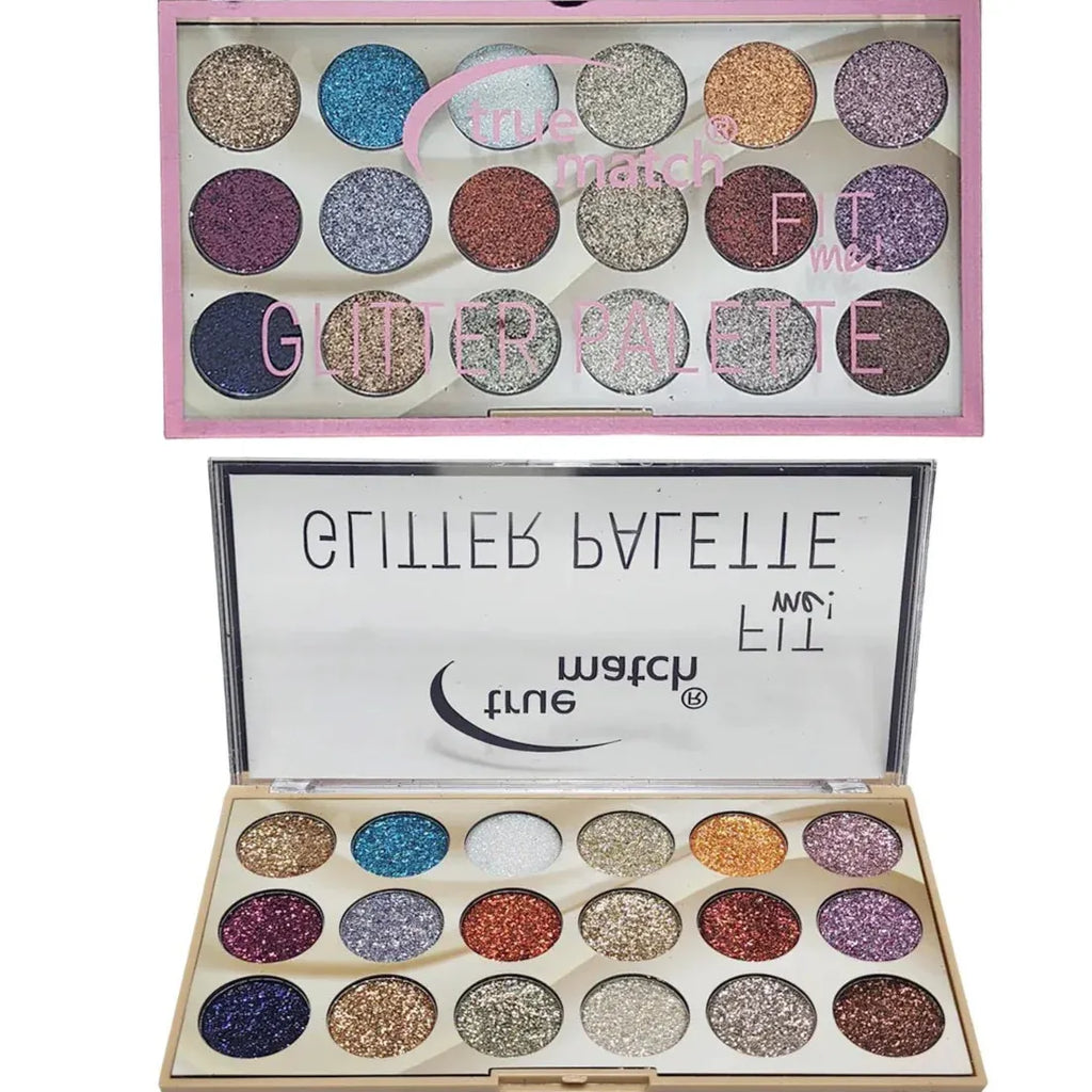Makeup palette with glittery shades and 'Match' branding on a white background