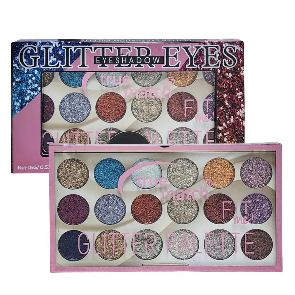 Glitter eyeshadow palette with open lid showing colors and closed box on a white background