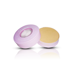 Makeup compact with a pink lid and beige puff on a white background
