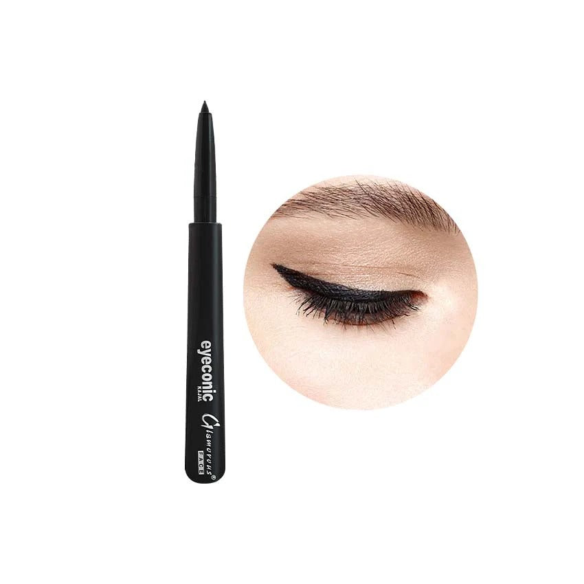 Eyeliner pen with a close-up of an eye wearing the eyeliner on a white background