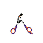 Eyelash curler with purple and orange design on a white background