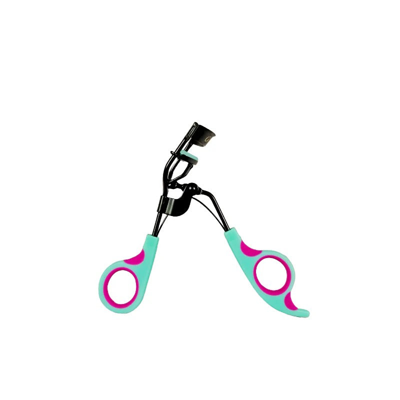 Eyelash curler with turquoise handles and pink accents on a white background