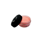 Open jar of pink glitter with black lid on a white background